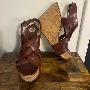 Tory Burch Chestnut Leather Wedges